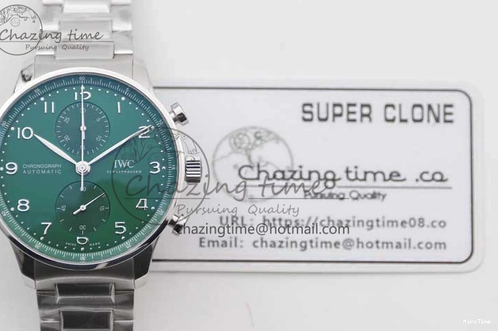 MIROTIME 0819 FastDry Portugieser Chronograph IW371615 ZF Best Edition Green Dial on SS Bracelet A7750 (Slim Movement) 7038